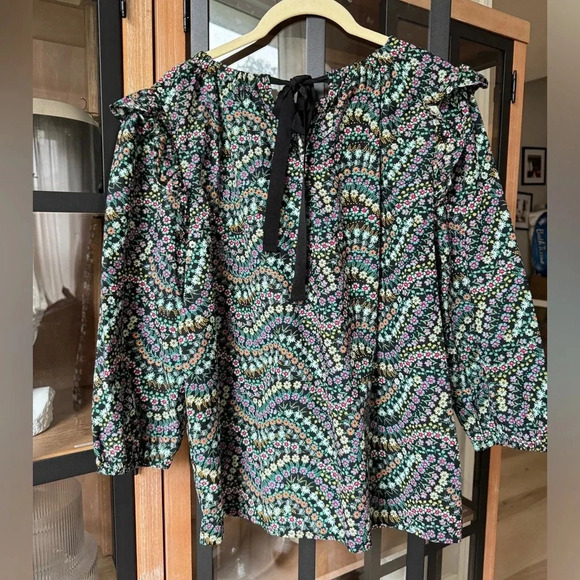 LOFT Blouse long sleeve Petite Garden Dobby Tie Back Ruffle top floral print bow - Picture 3 of 8